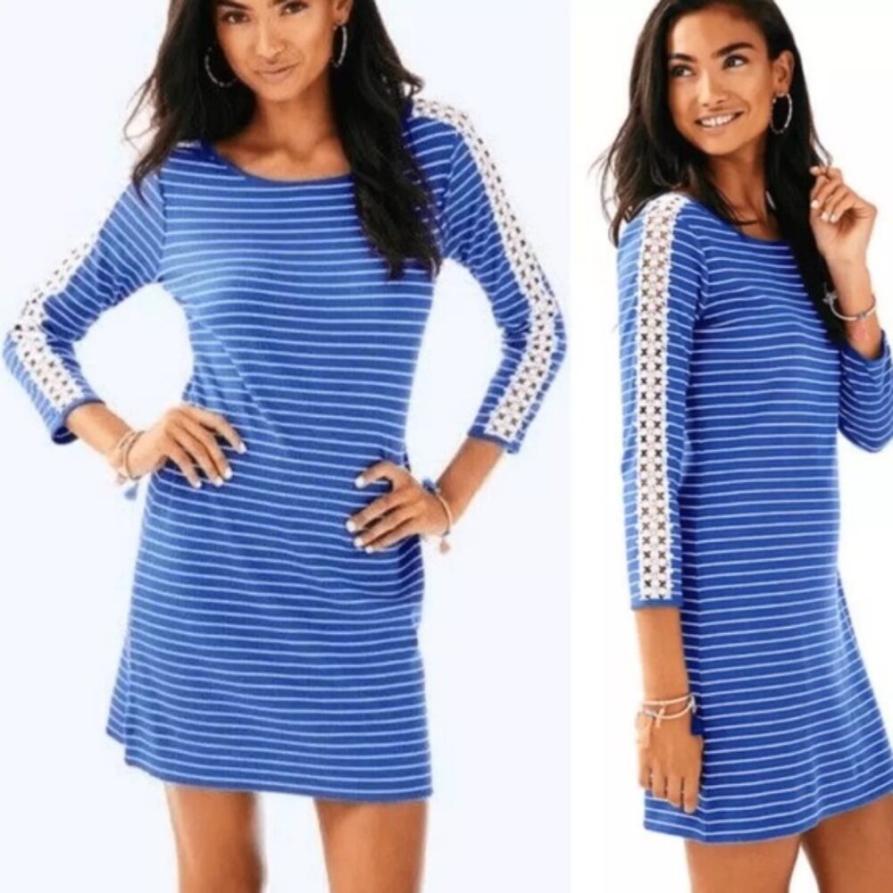 Lilly Pulitzer MARLOWE BECKON Blue BREEZE Striped Rib Knit Dress Crochet SMALL